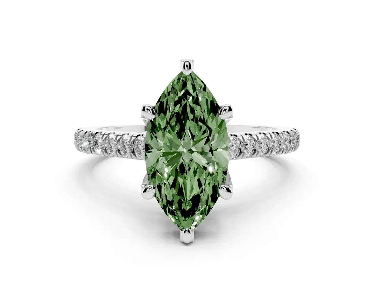 Fancy Green Marquise Cut Diamond Solitaire Ring Set in White gold with Brilliant Pavé Band and Prong Setting
