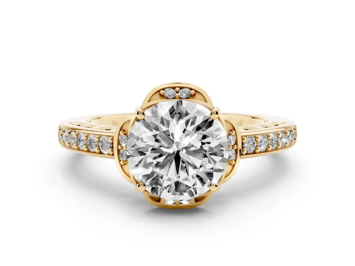 Round Cut Diamond Halo Ring Set in Yellow gold with Channel Set Band and Prong Setting