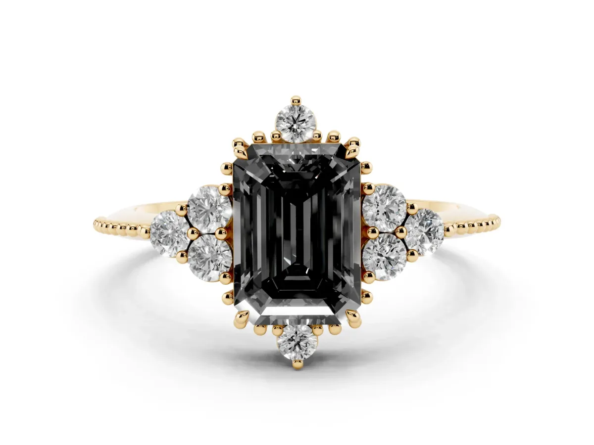 Fancy Black Emerald Cut Diamond Cluster Ring Set in Yellow gold with Beaded Band