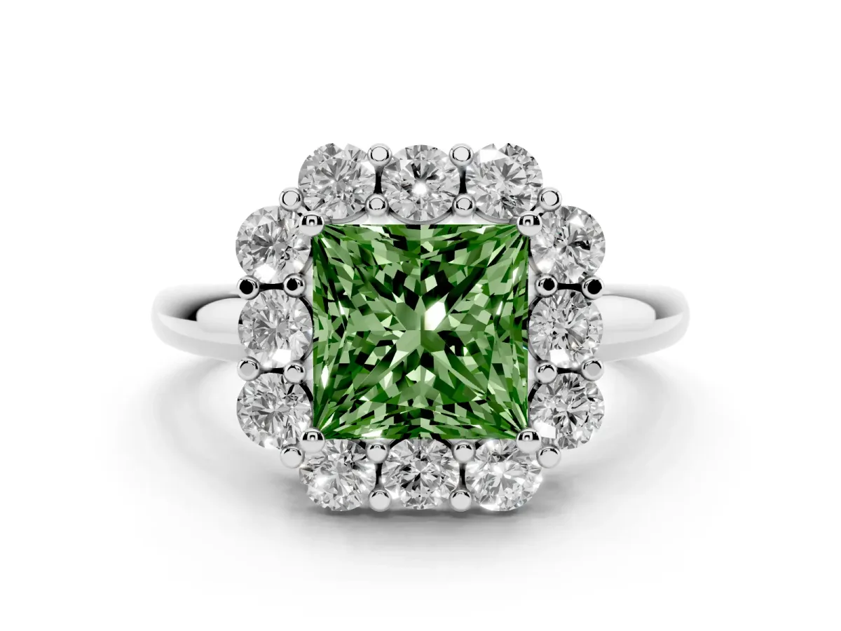 Fancy Green Princess Cut Diamond Milgrain Halo Solitaire Ring Set in Silver with Bezel Set Side Stones and Pavé Band