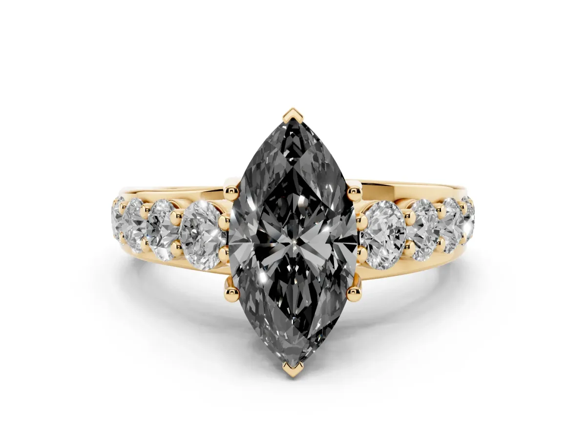 Fancy Black Marquise Cut Diamond Pavé Engagement Ring Set in Yellow gold with Prong Setting