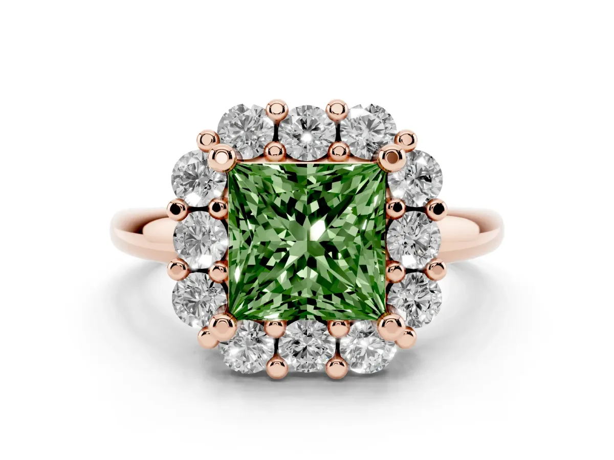 Fancy Green Princess Cut Diamond Halo Cluster Engagement Ring Set in Rose gold with Polished Band and Prong Setting