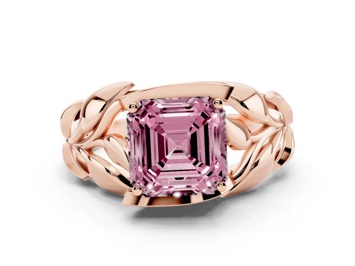 Fancy Pink Asscher Cut Diamond Leaf-Inspired Engagement Ring Set in Rose gold with Round Accents