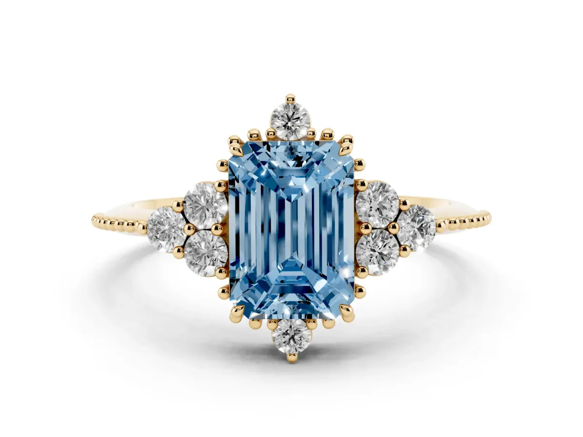 Fancy Blue Emerald Cut Diamond Cluster Ring Set in Yellow gold with Beaded Band