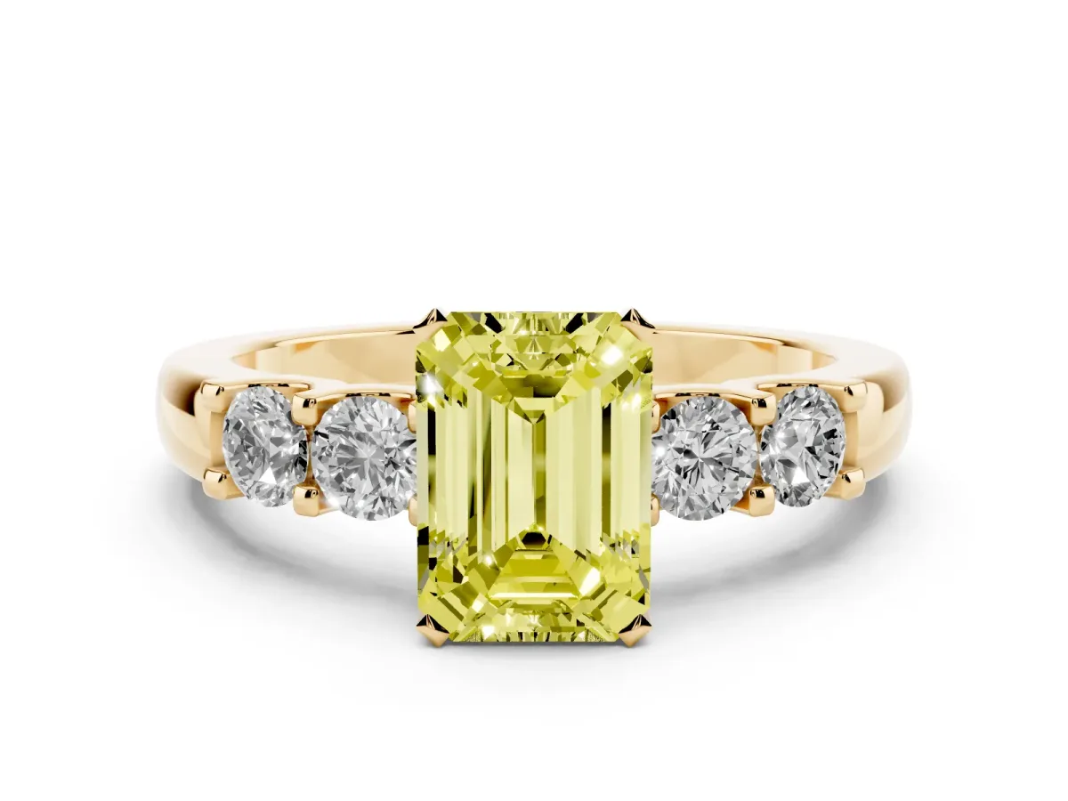 Fancy Yellow Emerald Cut Diamond Five-Stone Prong Set Engagement Ring Set in Yellow gold with Channel Band