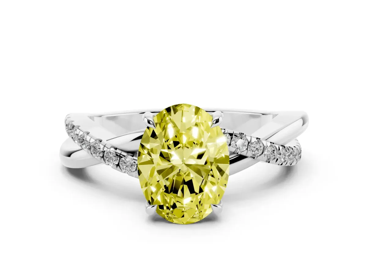 Fancy Yellow Oval Cut Diamond Twisted Pavé Band Ring Set in White gold with Prong Setting