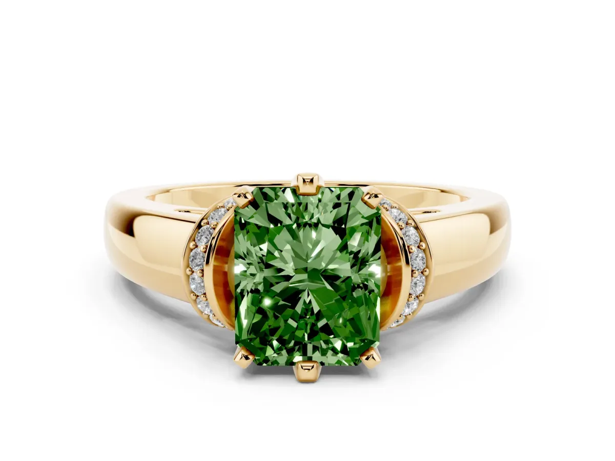 Fancy Green Radiant Cut Diamond Pavé Band Solitaire Ring Set in Yellow gold with Prong Setting