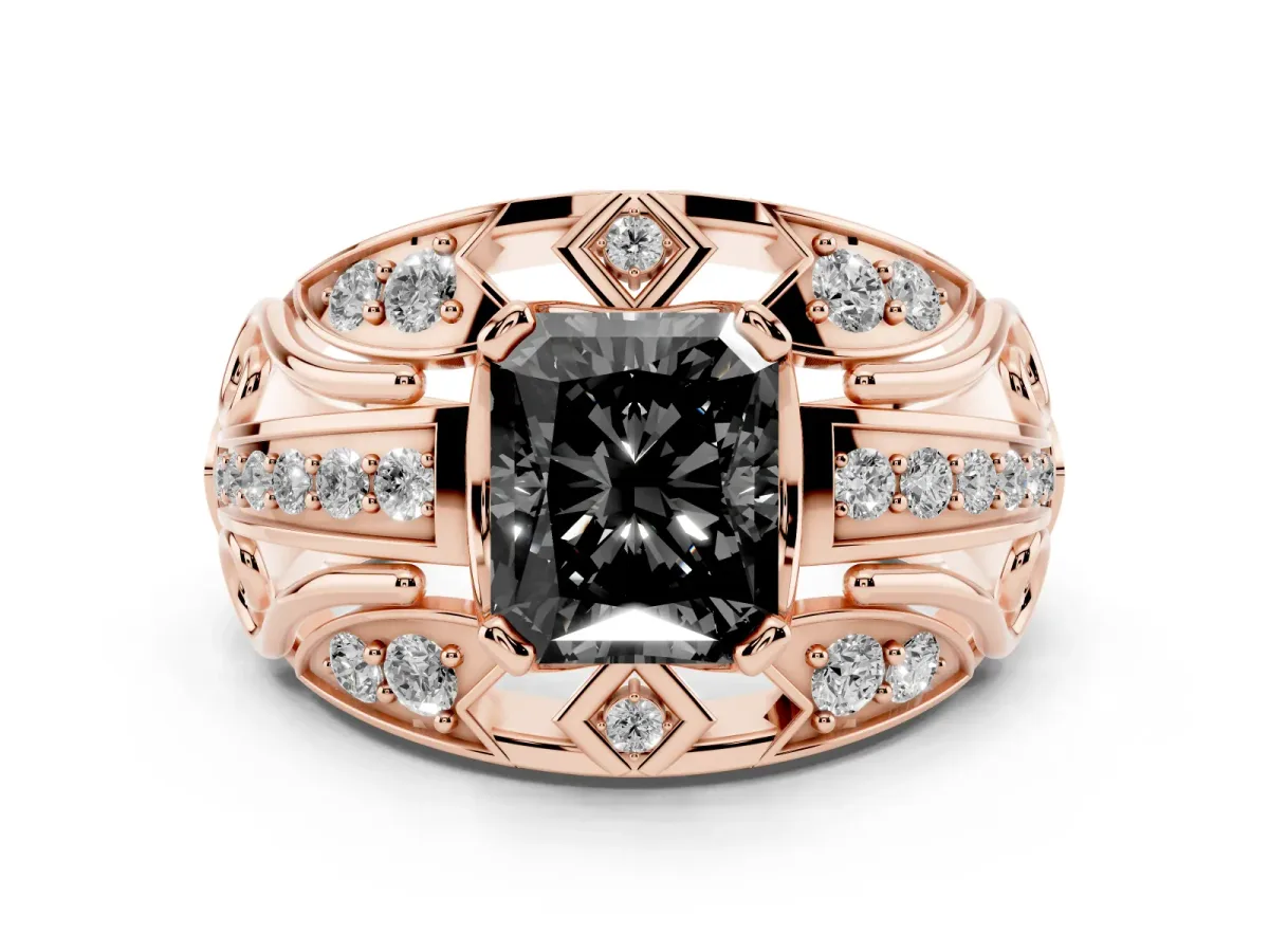 Fancy Black Radiant Cut Diamond Art Deco Ring Set in Rose gold with Pavé Split Shank