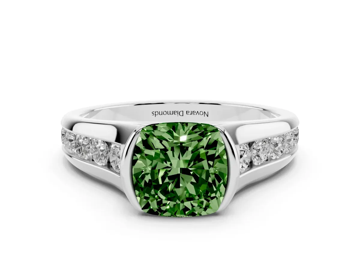 Fancy Green Cushion Cut Diamond Bezel-Set Solitaire Ring Set in Silver with Channel-Set Band
