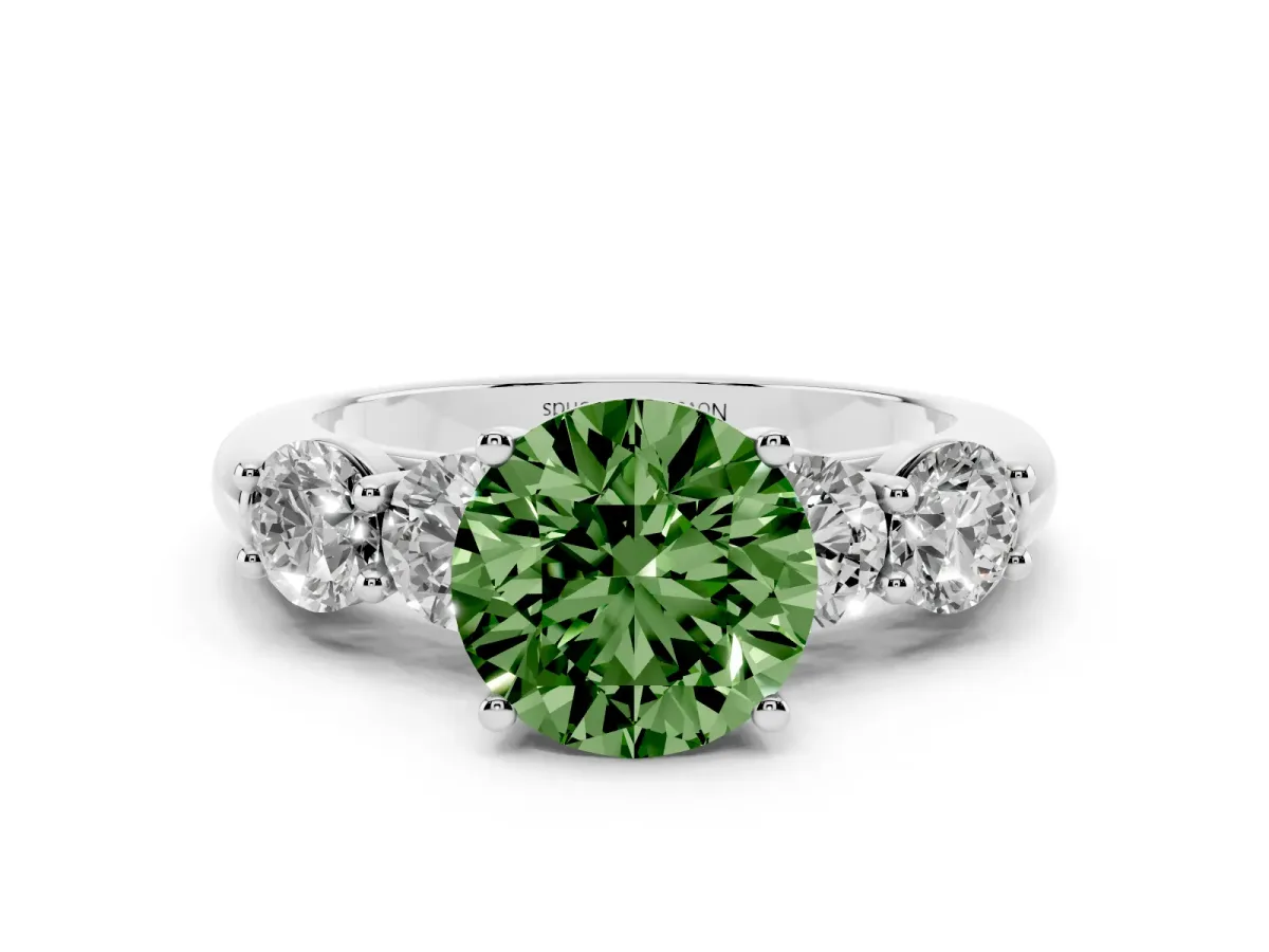 Fancy Green Round Cut Diamond Five-Stone Prong Set Ring Set in White gold with Classic Band