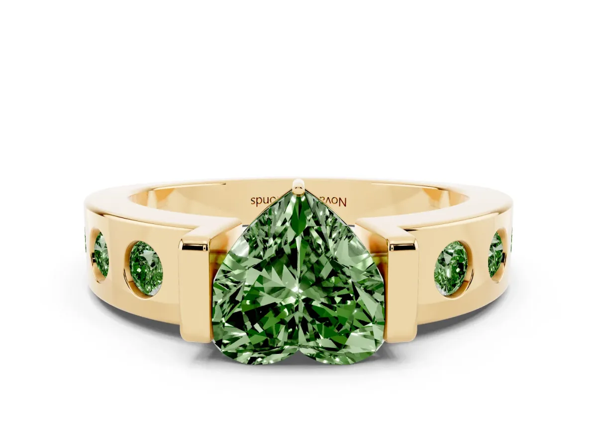 Fancy Green Heart Cut Diamond Channel-Set Band Ring Set in Yellow gold with Bezel Prong Setting