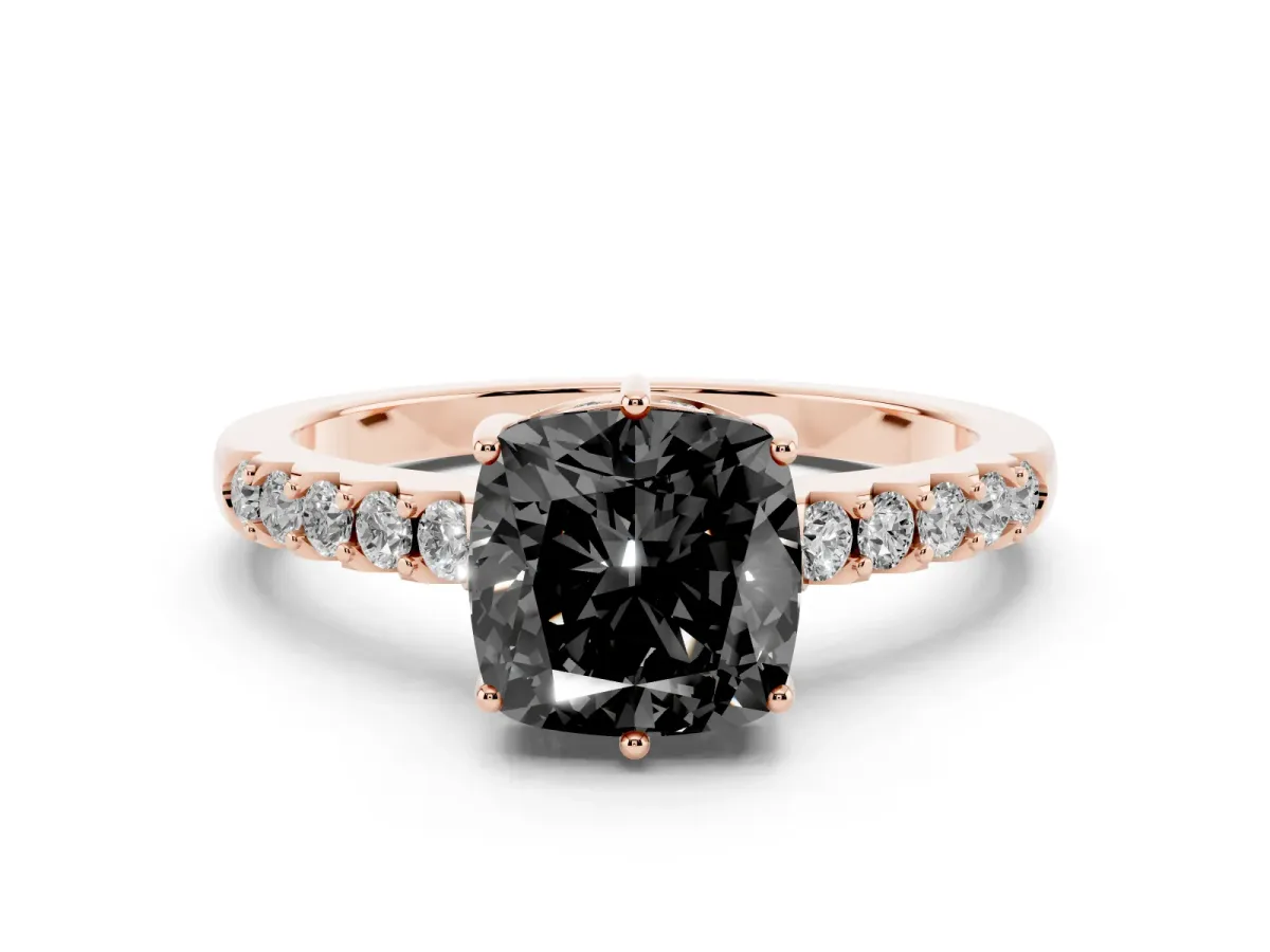Fancy Black Cushion Cut Diamond Solitaire Engagement Ring Set in Rose gold with Pavé Band and Prong Setting