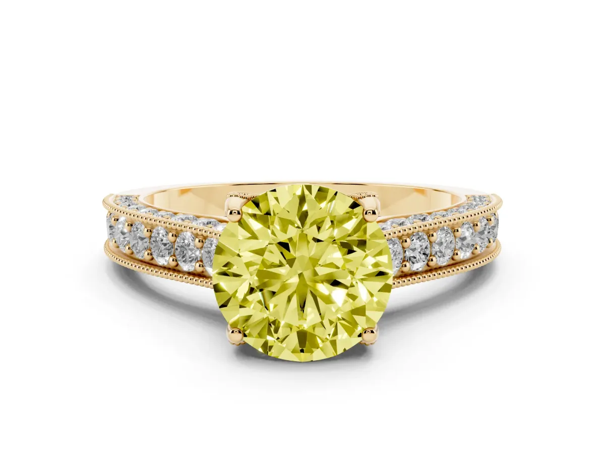 Fancy Yellow Round Cut Diamond Solitaire Ring Set in Yellow gold with Milgrain-Edged Pavé Band and Prong Setting