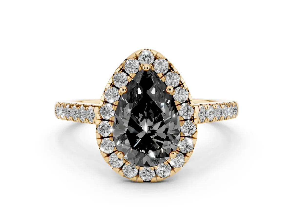 Fancy Black Pear Cut Diamond Halo Pavé Engagement Ring Set in Yellow gold with Prong Setting