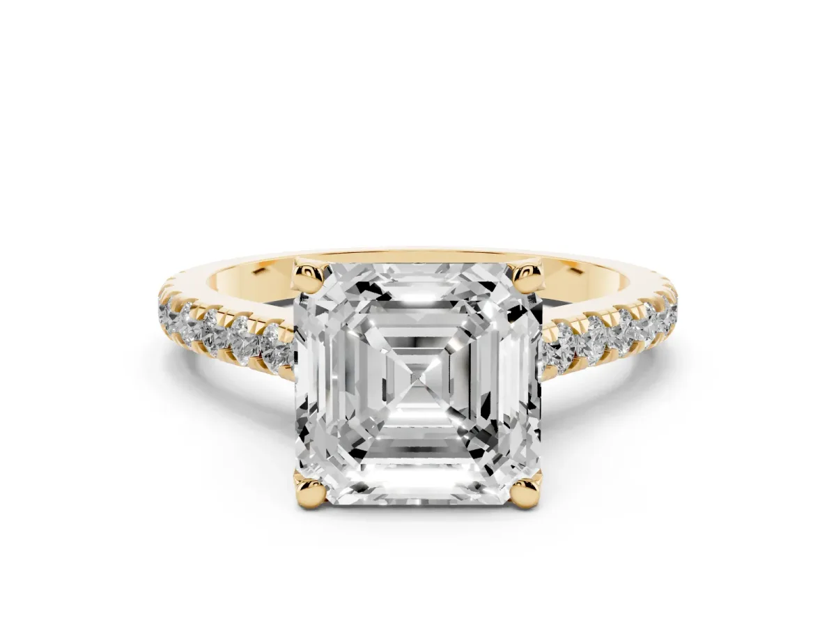 Asscher Cut Diamond Solitaire Ring Set in Yellow gold with Brilliant Pavé Band and Prong Setting