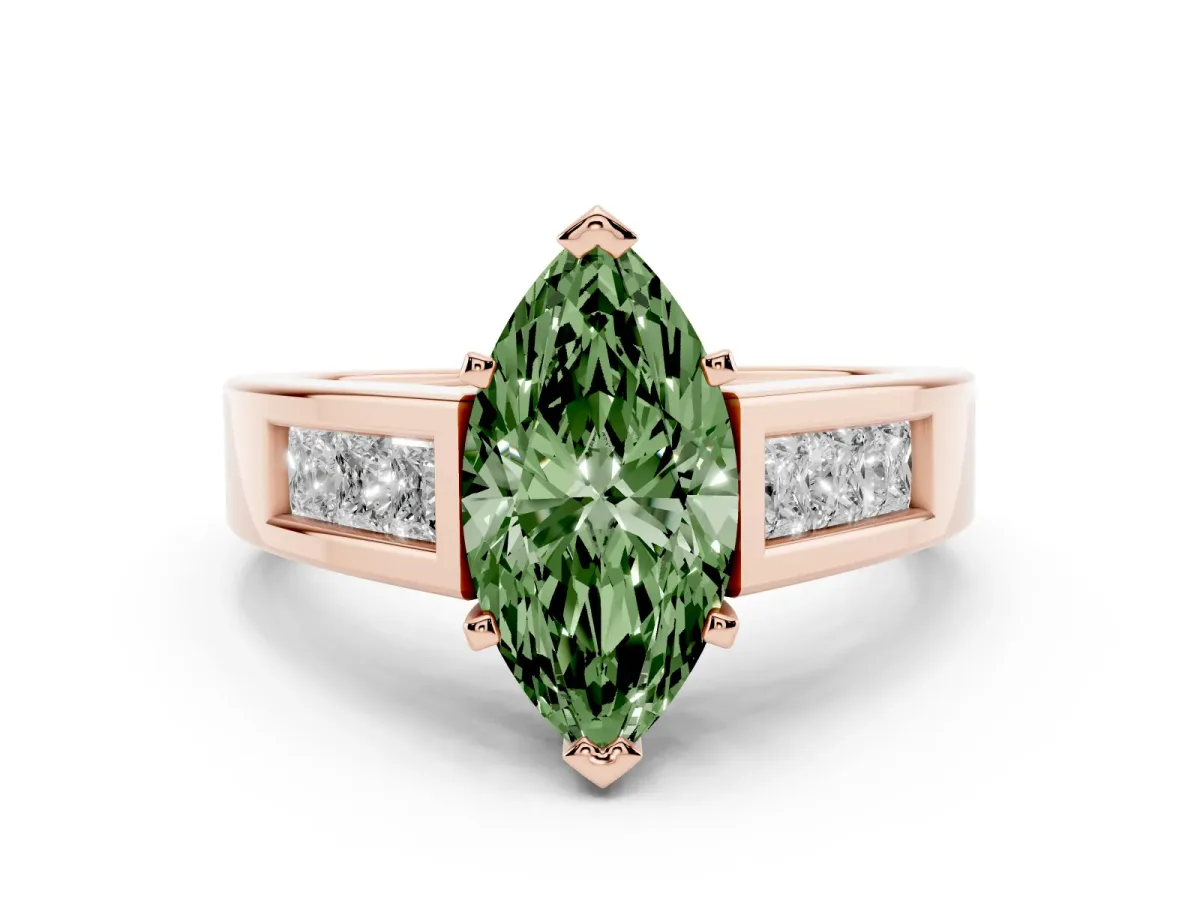 Fancy Green Marquise Cut Diamond Solitaire Ring Set in Rose gold with Channel-Set Accent Stones and Prong Setting
