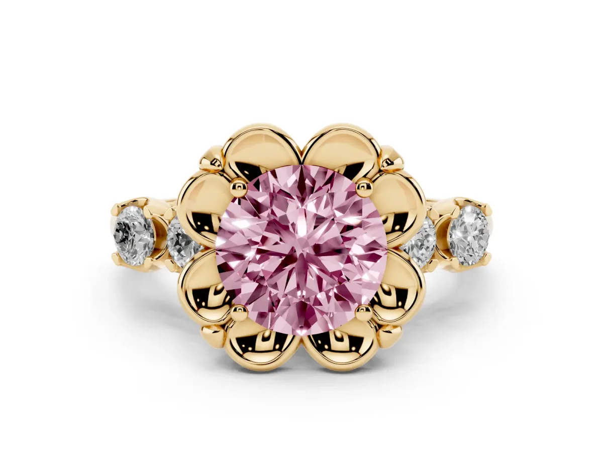 Fancy Pink Round Cut Diamond Floral Halo Ring Set in Yellow gold with Shared Prong Band