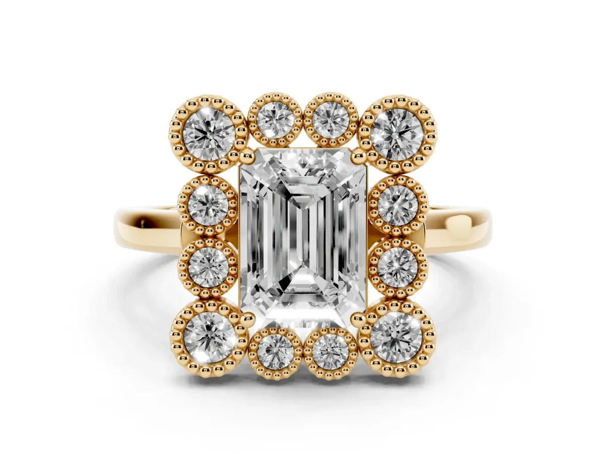 Emerald Cut Diamond Cluster Halo Ring Set in Yellow gold with Milgrain Bezel Accents and Plain Band