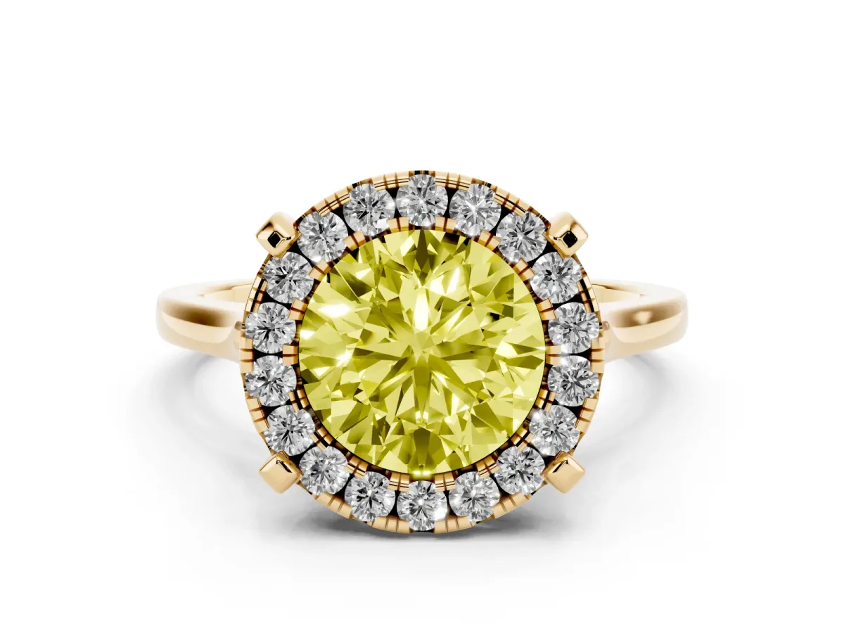 Fancy Yellow Round Cut Diamond Cluster Halo Solitaire Ring Set in Yellow gold with Prong Setting