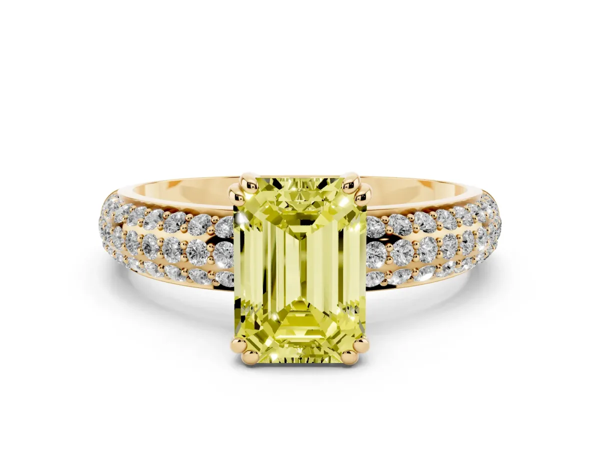 Fancy Yellow Emerald Cut Diamond Solitaire Ring Set in Yellow gold with Multi-Row Round Pavé Band and Prong Setting