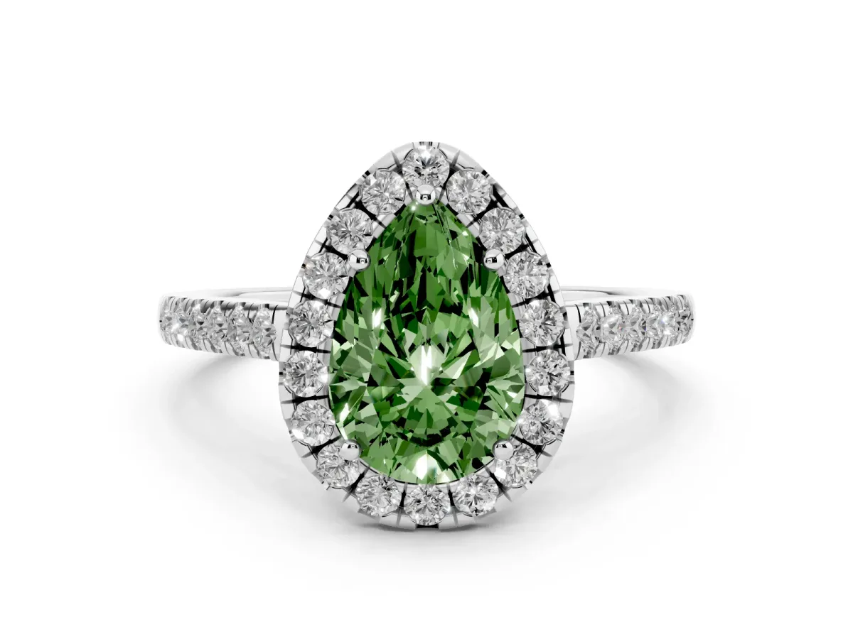 Fancy Green Pear Cut Diamond Halo Pavé Engagement Ring Set in White gold with Prong Setting