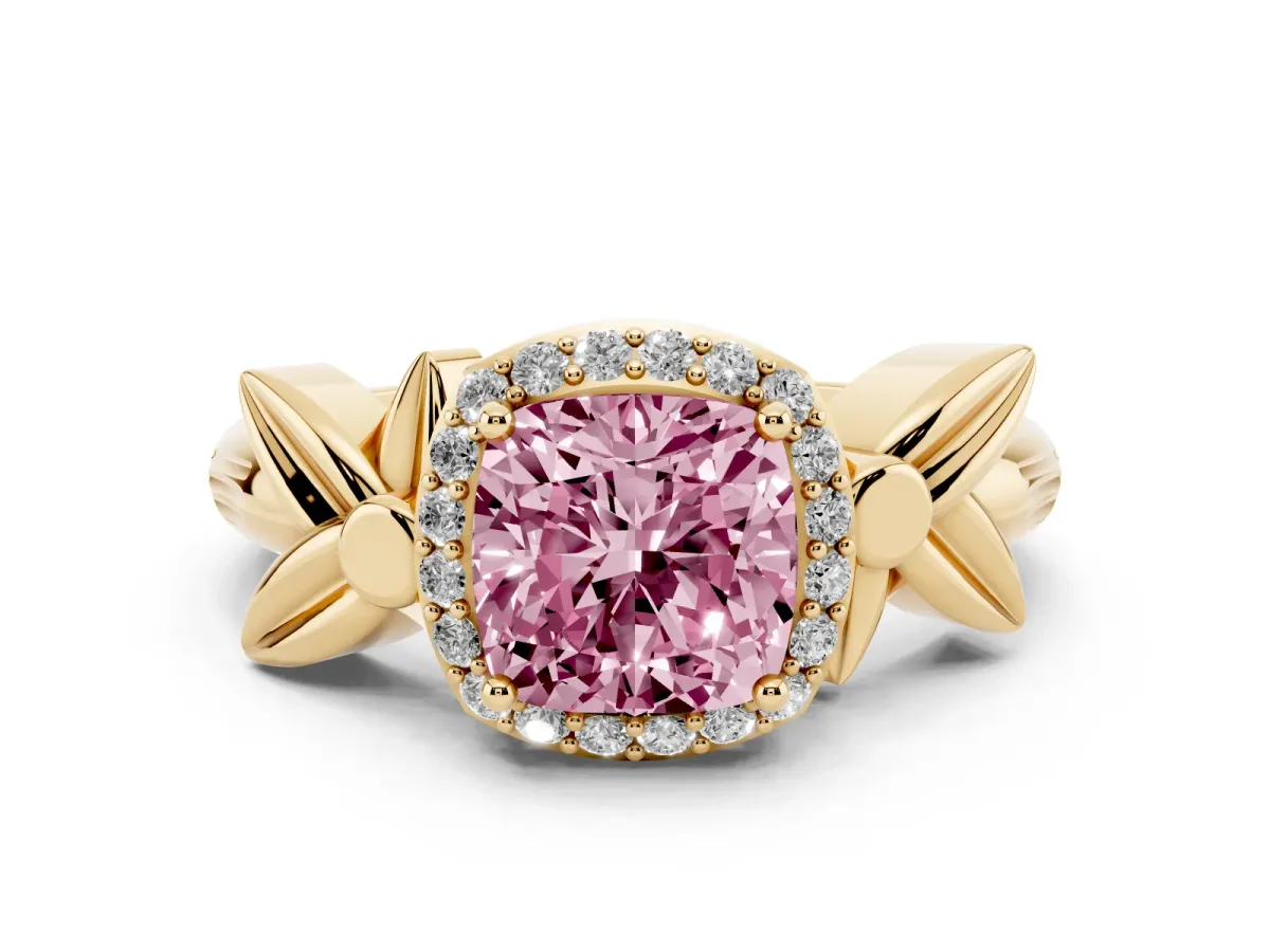 Fancy Pink Cushion Cut Diamond Halo Floral Band Ring Set in Yellow gold with Prong Setting