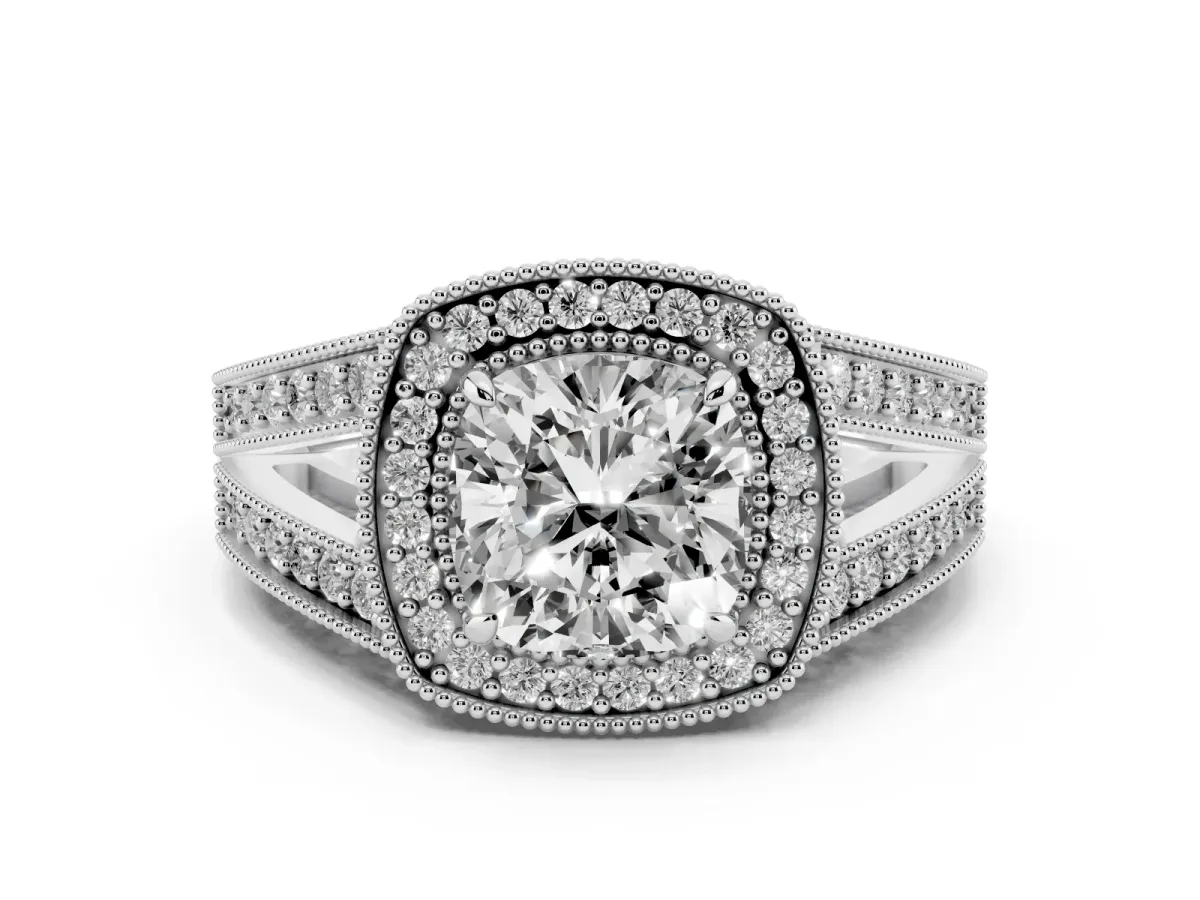Cushion Cut Diamond Halo Ring Set in Silver with Stone-Set Split Shank and Milgrain Edges