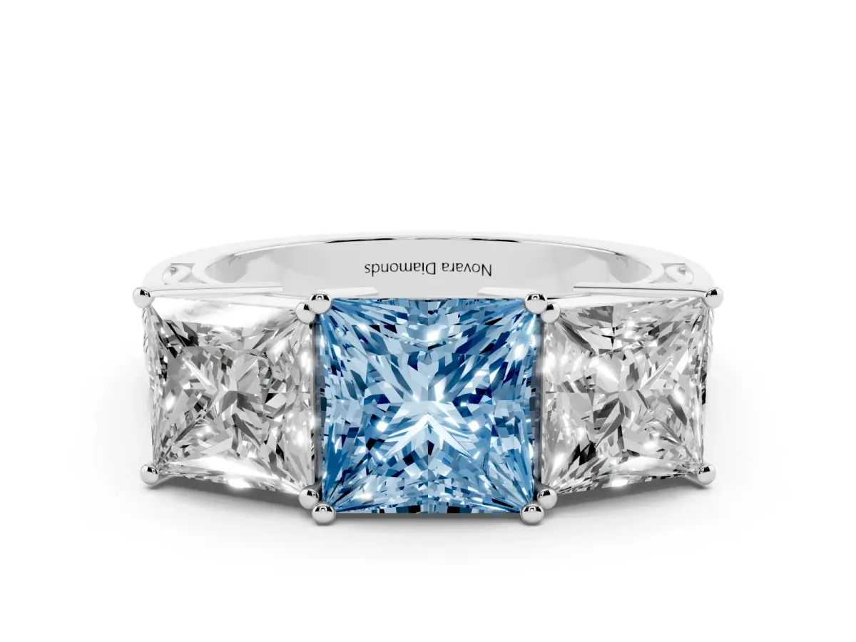 Fancy Blue Princess Cut Diamond Three-Stone Ring Set in White gold with Textured Band
