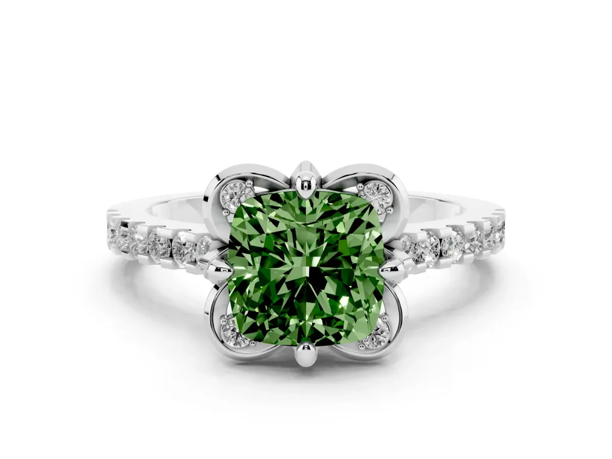 Fancy Green Cushion Cut Diamond Solitaire Ring Set in Silver with Pavé Band and Floral Prong Setting