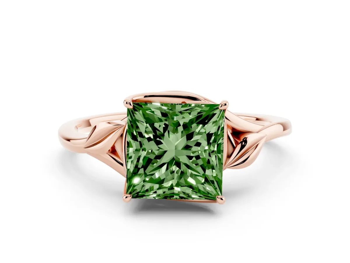 Fancy Green Princess Cut Diamond Solitaire Ring Set in Rose gold with Polished Twist Band