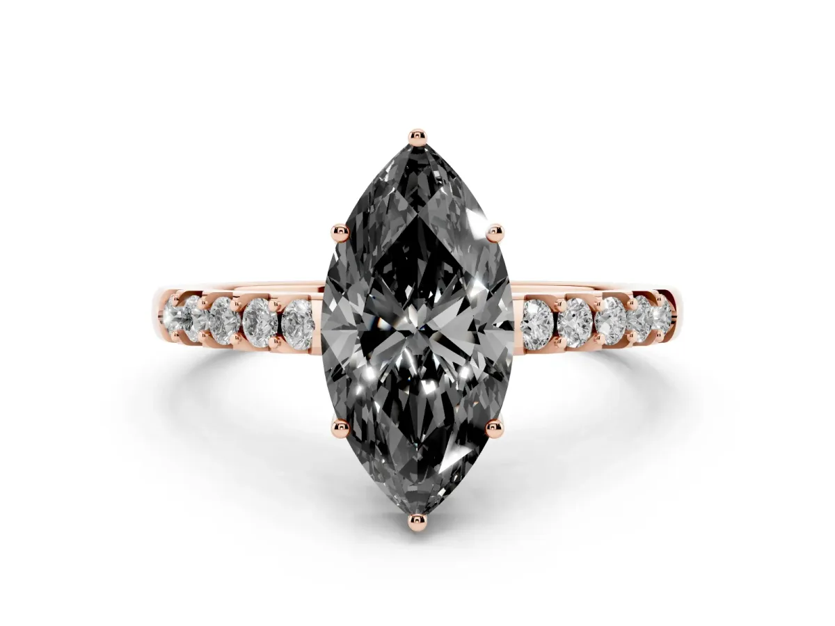 Fancy Black Marquise Cut Diamond Solitaire Engagement Ring Set in Rose gold with Pavé Band and Prong Setting