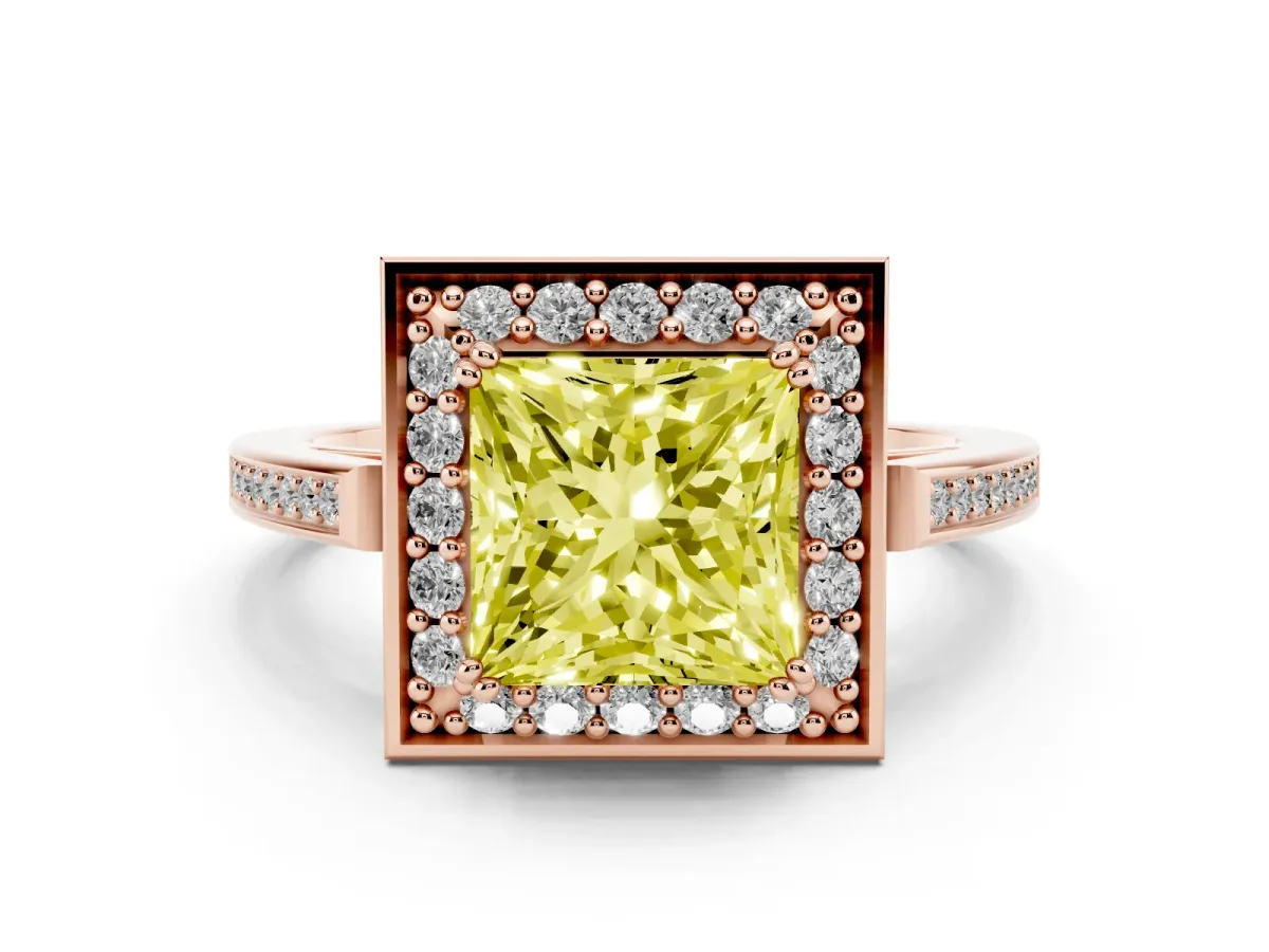 Fancy Yellow Princess Cut Diamond Halo Ring Set in Rose gold with Accent-Lined Split Shank and Prong Setting
