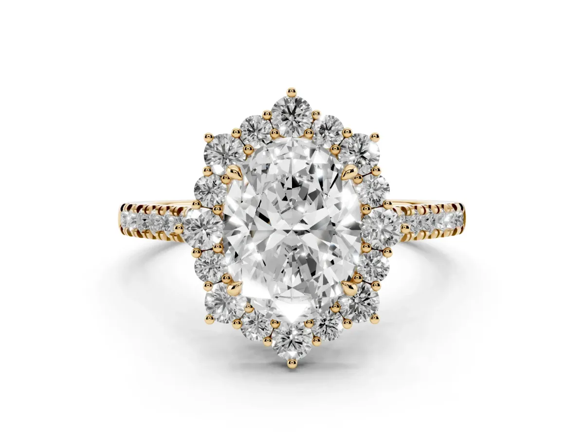 Oval Cut Diamond Halo Ring Set in Yellow gold with Pavé Band and Prong Setting