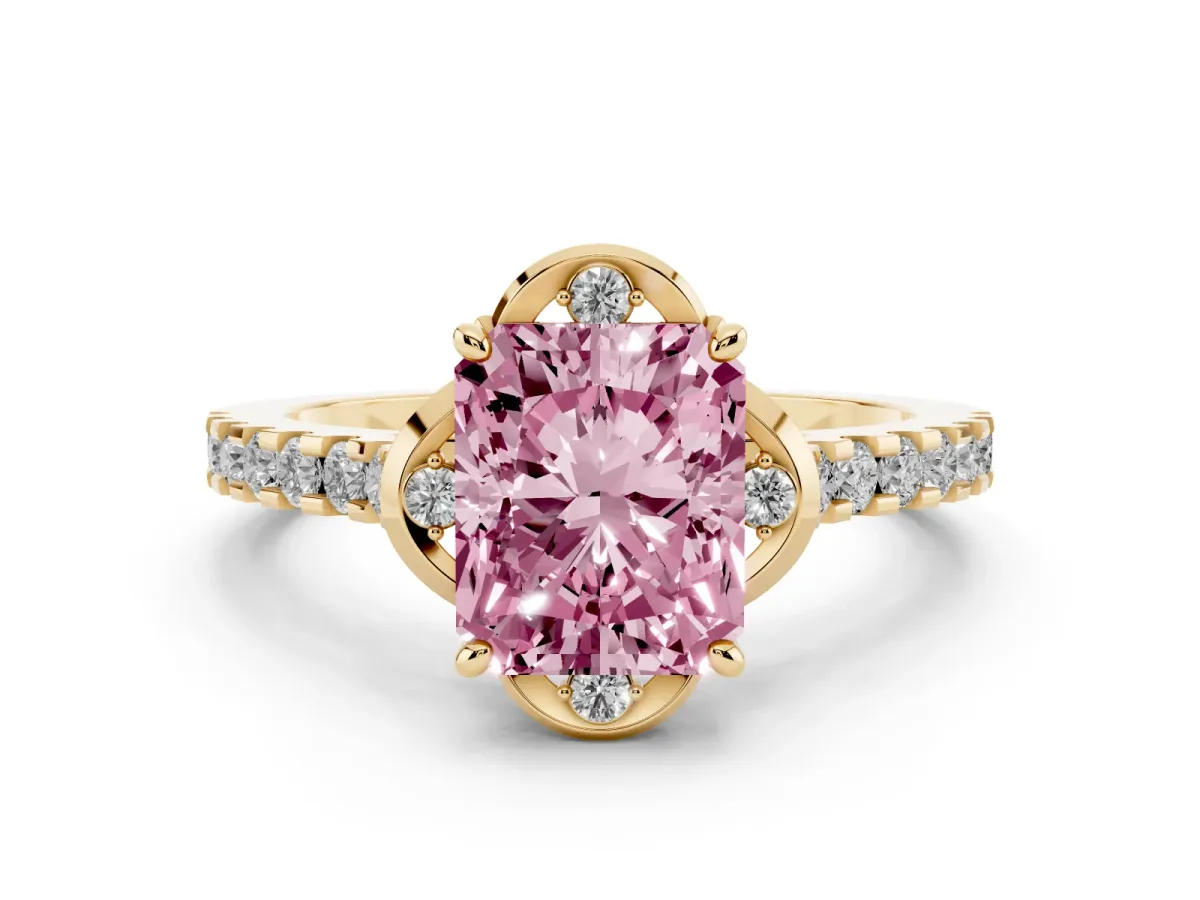 Fancy Pink Radiant Cut Diamond Solitaire Ring Set in Yellow gold with Pavé Band and Floral Prong Setting