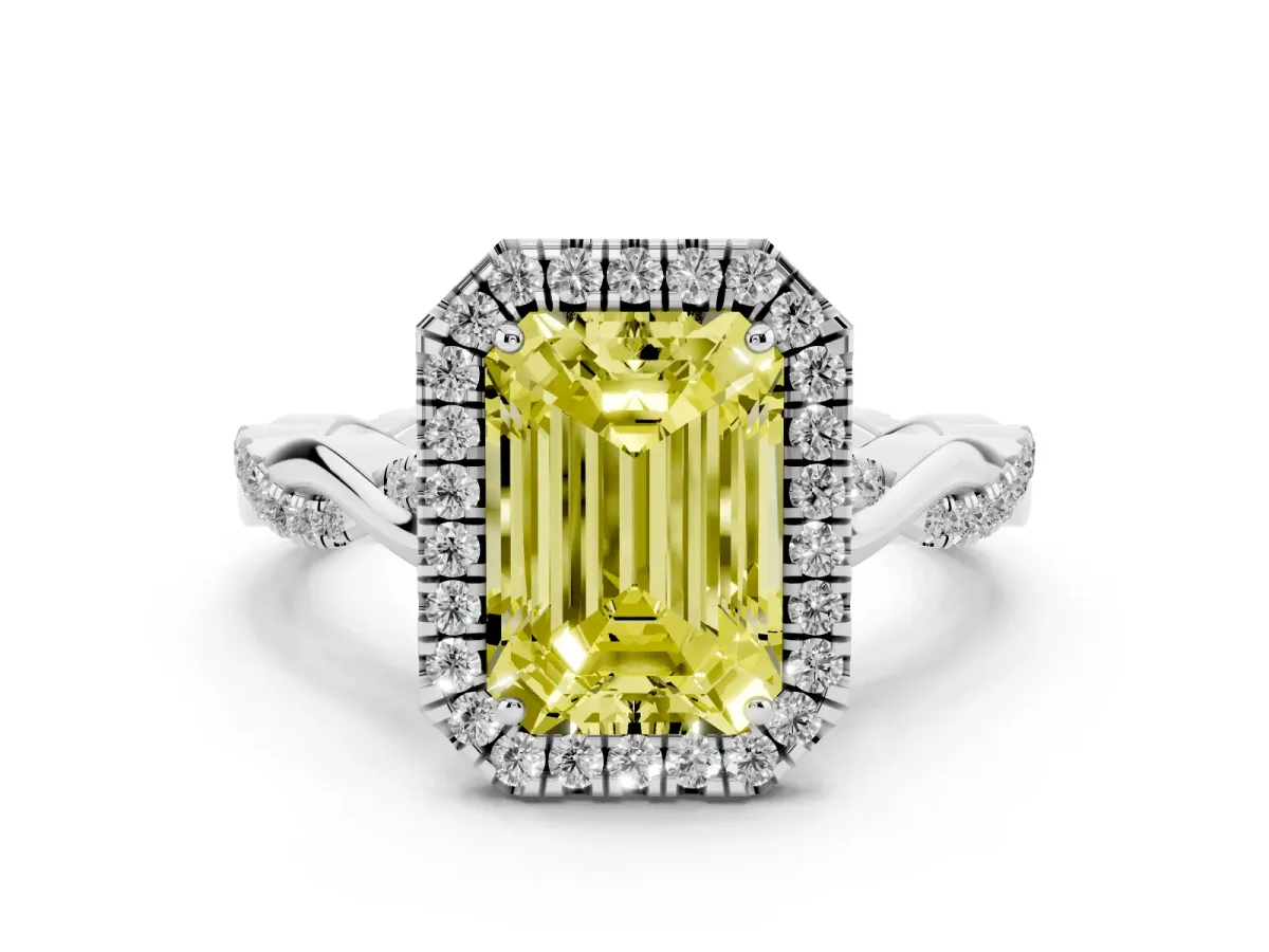 Fancy Yellow Emerald Cut Diamond Halo Twist Band Solitaire Ring Set in White gold with Prong Setting