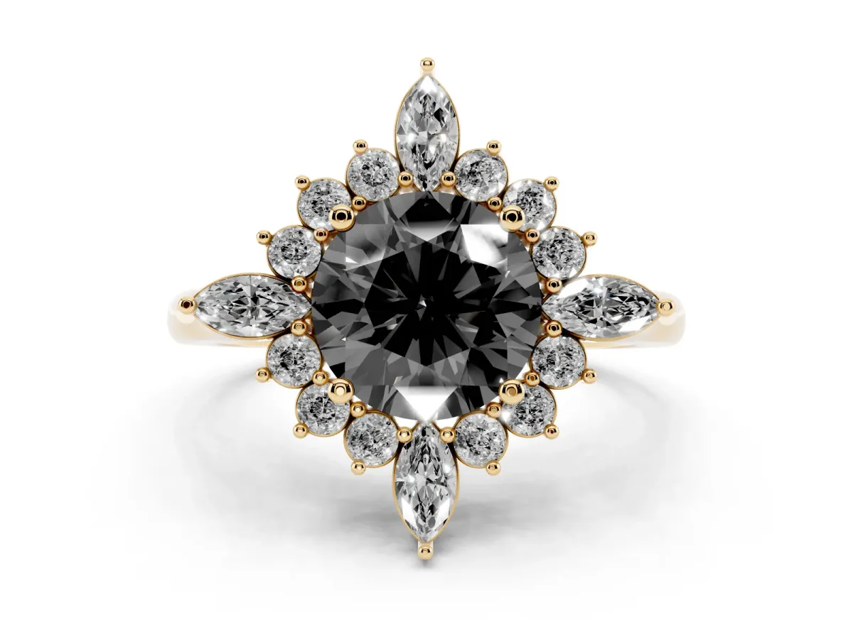 Fancy Black Round Cut Diamond Cluster Halo Ring Set in Yellow gold with Marquise and Round Accents