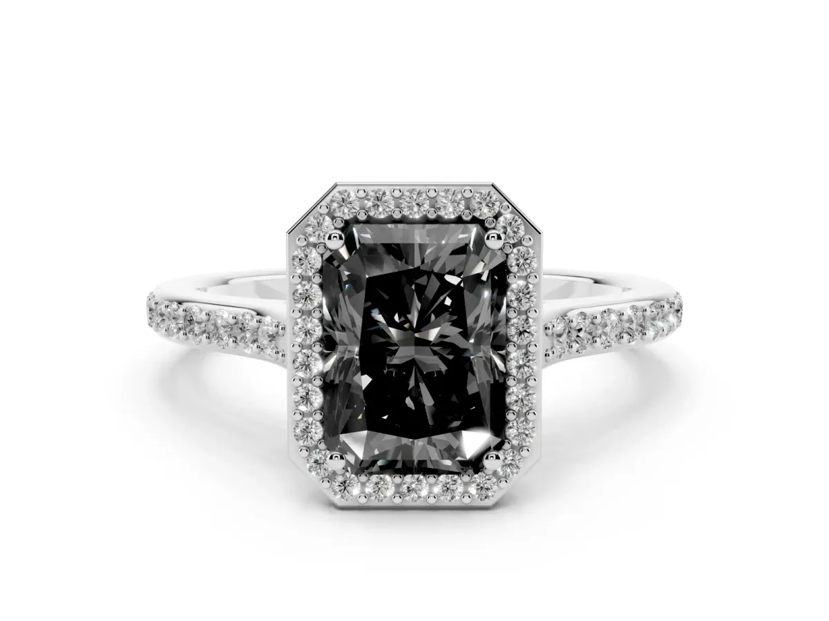 Fancy Black Radiant Cut Diamond Halo Engagement Ring Set in Platinum with Round Pavé Shoulders and Heart Gallery