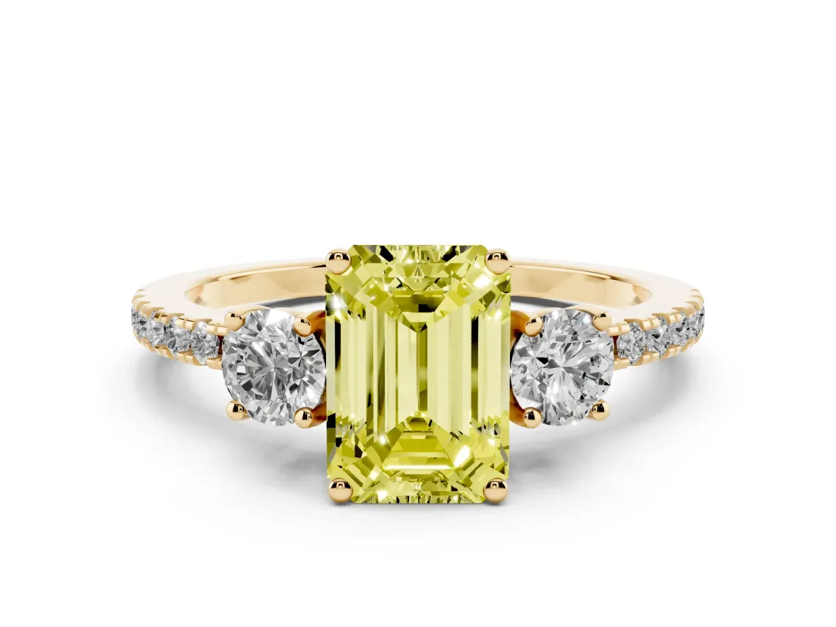 Fancy Yellow Emerald Cut Diamond Three-Stone Ring Set in Yellow gold with Pavé Band and Graduated Sides