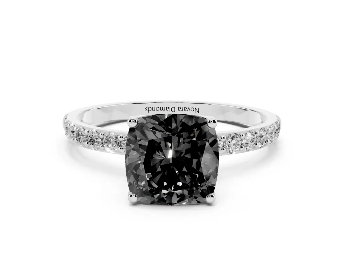 Fancy Black Cushion Cut Diamond Solitaire Engagement Ring Set in Silver with Round Pavé Band and Prong Setting