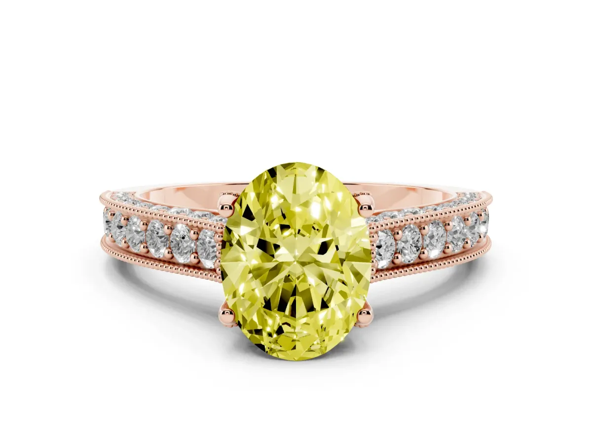 Fancy Yellow Oval Cut Diamond Solitaire Ring Set in Rose gold with Milgrain-Edged Pavé Band and Prong Setting