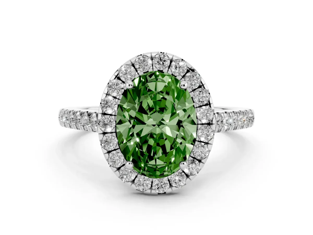 Fancy Green Oval Cut Diamond Halo Pavé Engagement Ring Set in Platinum with Prong Setting