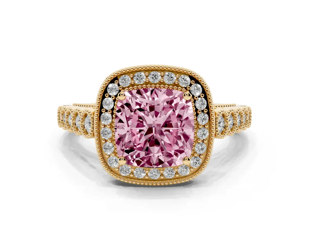 Fancy Pink Cushion Cut Diamond Milgrain Halo Solitaire Ring Set in Yellow gold with Bezel Set Side Stones and Pavé Band