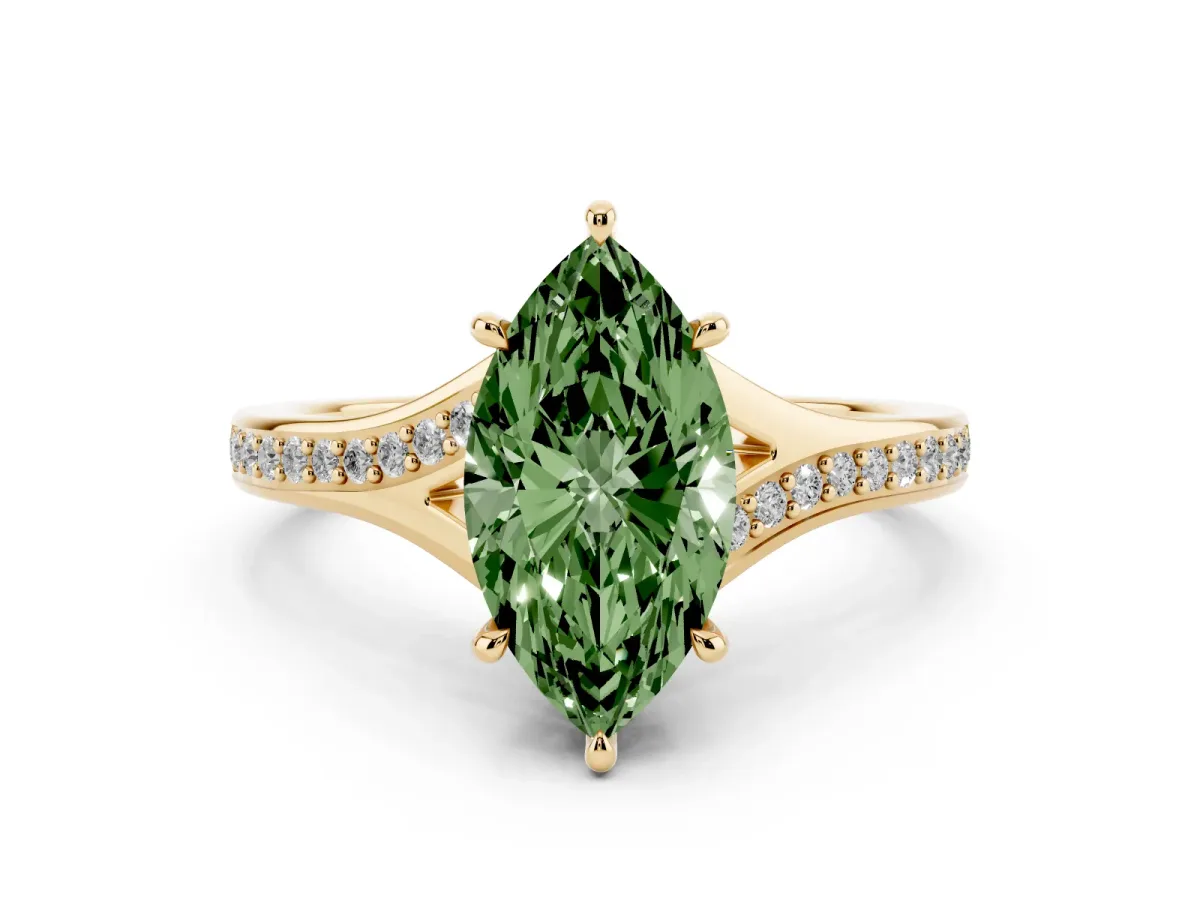 Fancy Green Marquise Cut Diamond Solitaire Ring Set in Yellow gold with Pavé Accent Band and Classic Prong Setting
