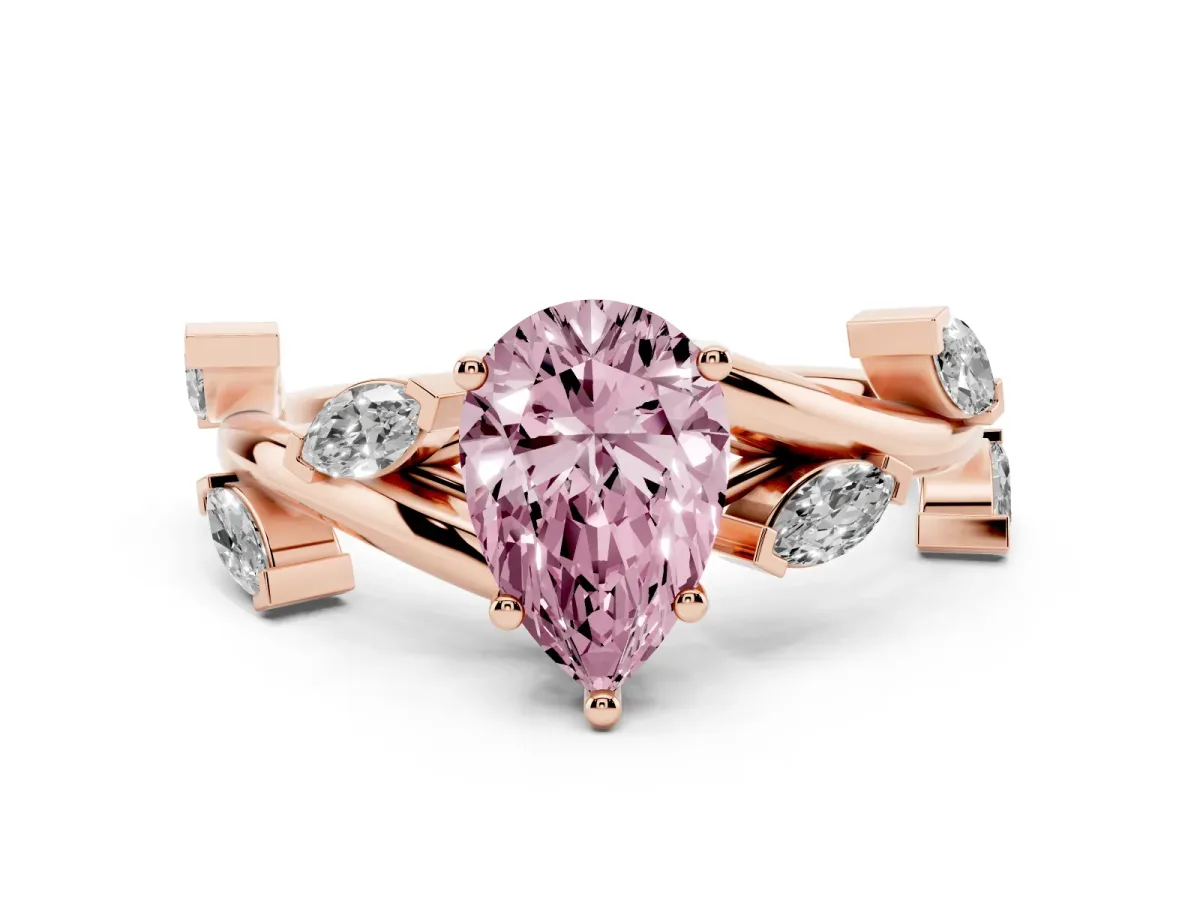 Fancy Pink Pear Cut Diamond Solitaire Ring Set in Rose gold with Twisted Marquise Accent Band