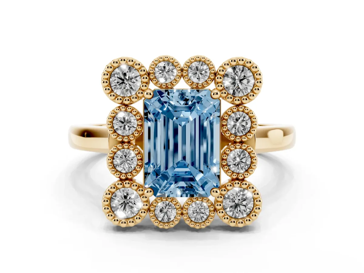 Fancy Blue Emerald Cut Diamond Cluster Halo Ring Set in Yellow gold with Milgrain Bezel Accents and Plain Band