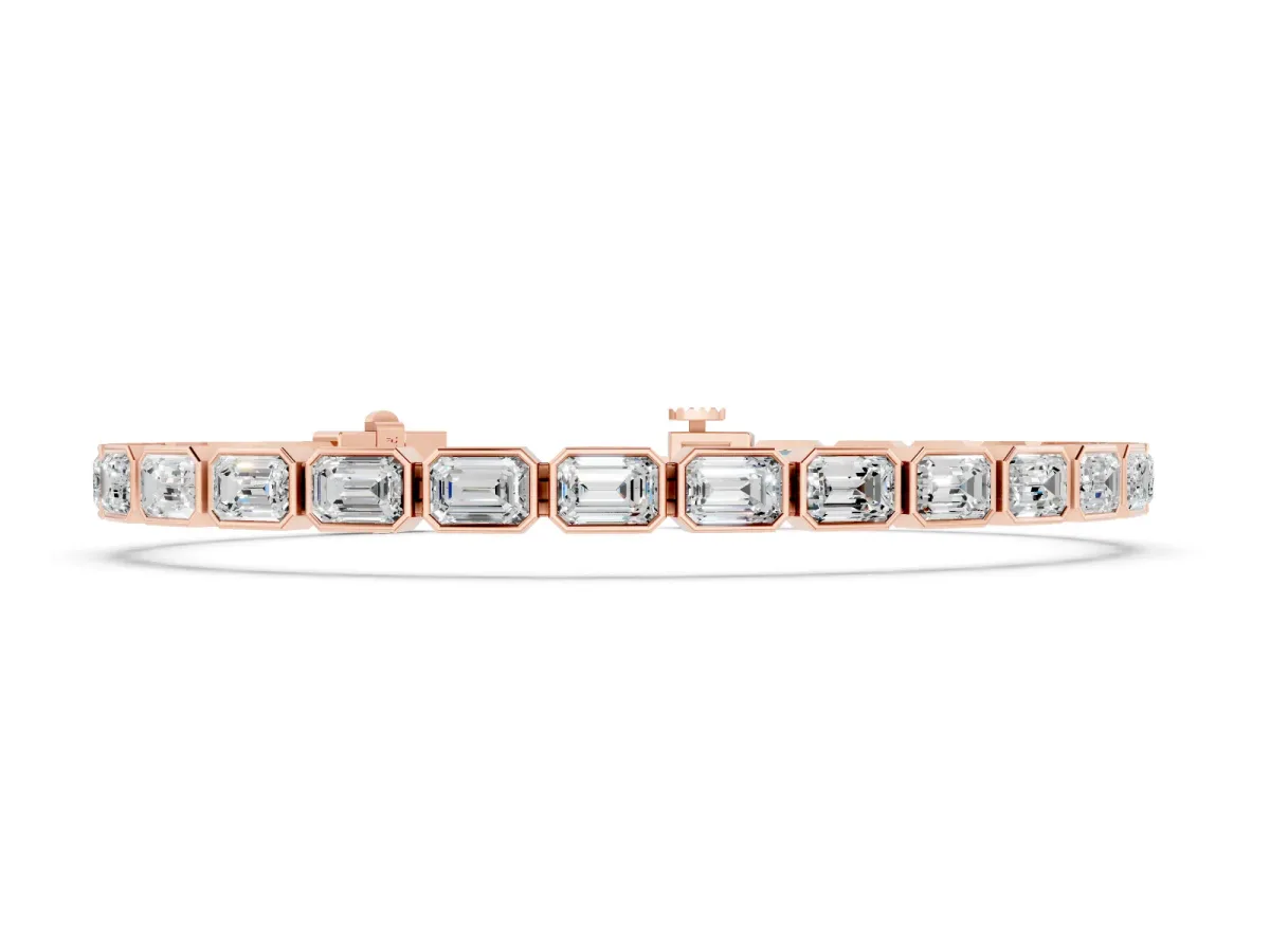 East-West Emerald Cut Diamond Tennis Bracelet Set in Rose gold with Bezel Setting