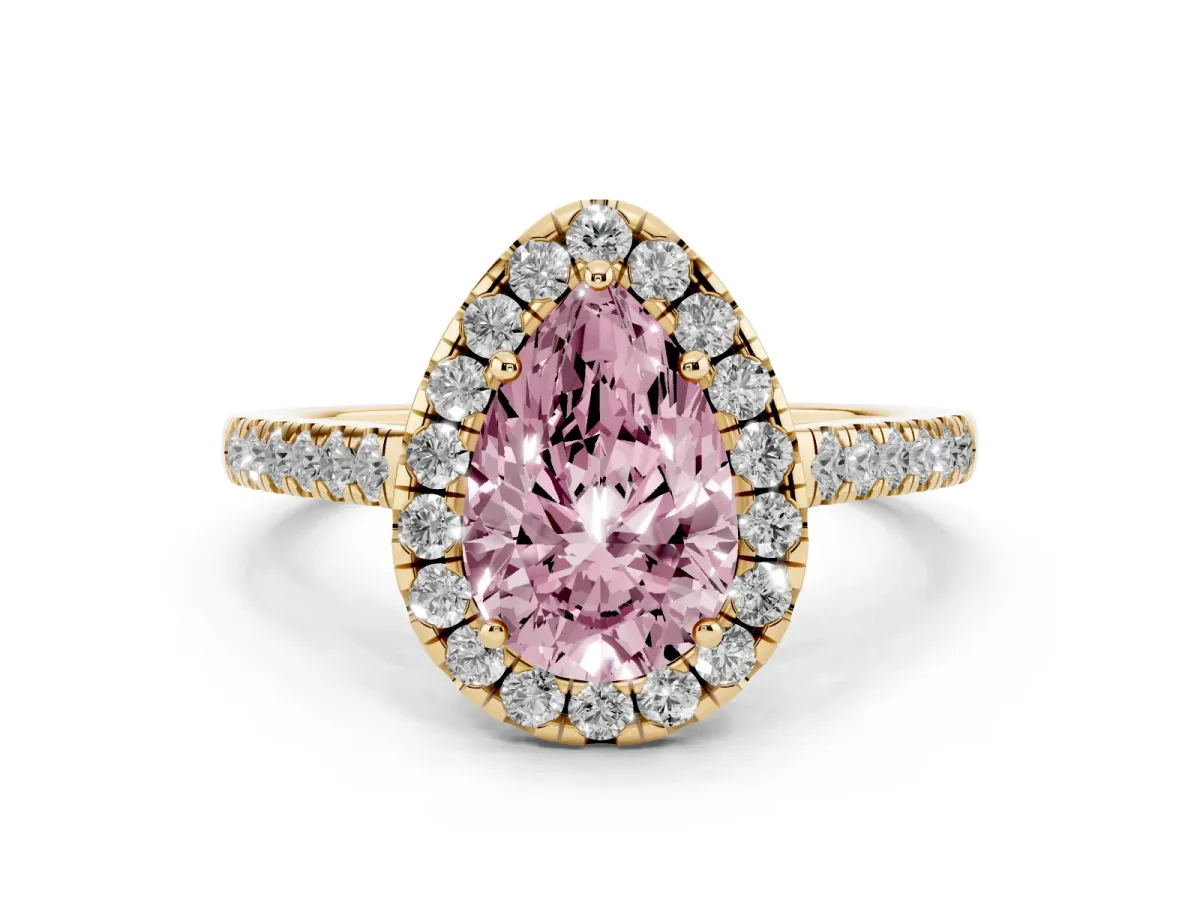 Fancy Pink Pear Cut Diamond Halo Pavé Engagement Ring Set in Yellow gold with Prong Setting