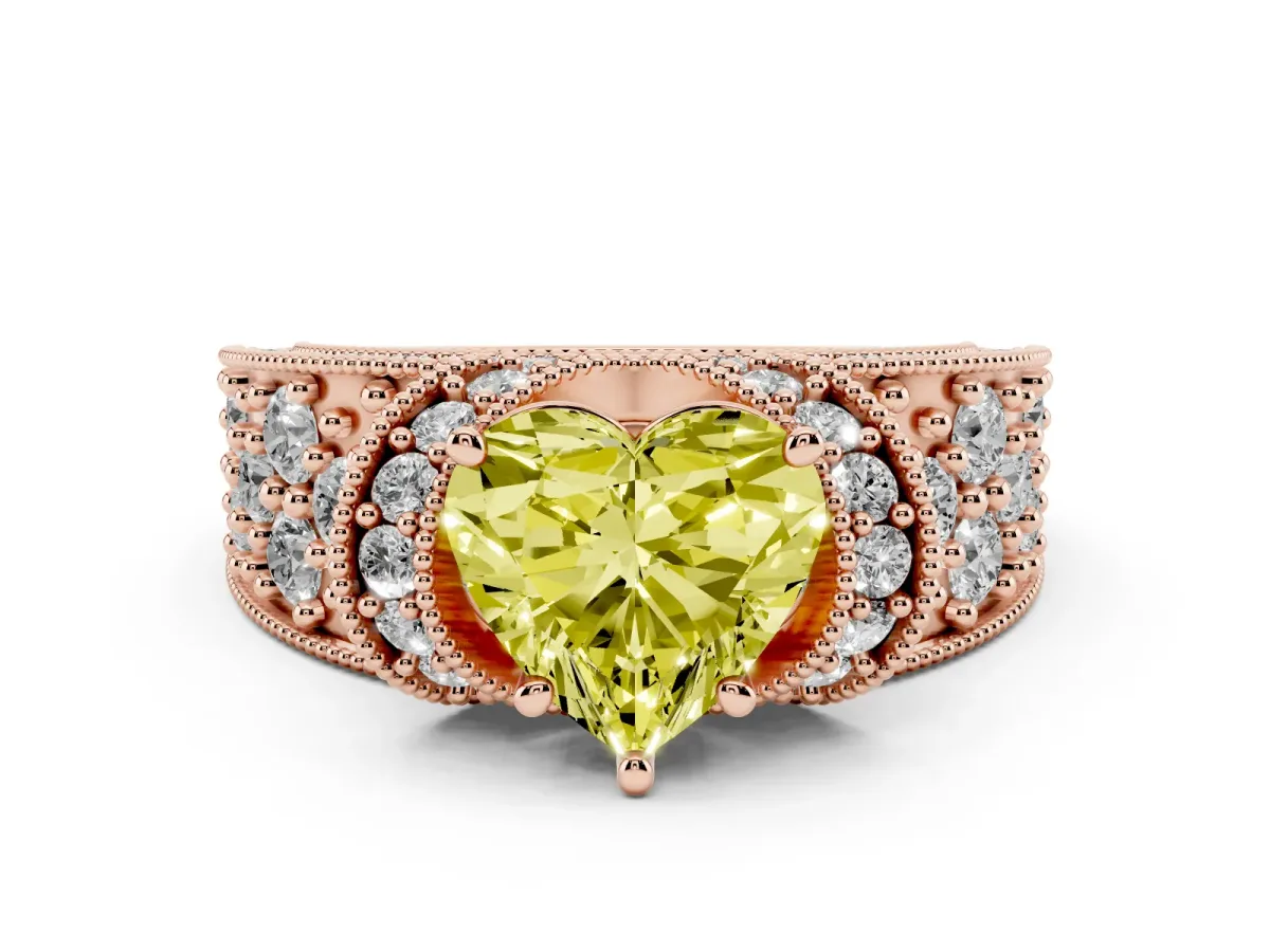Fancy Yellow Heart Cut Diamond Milgrain Halo Pavé Engagement Ring Set in Rose gold with Prong Setting