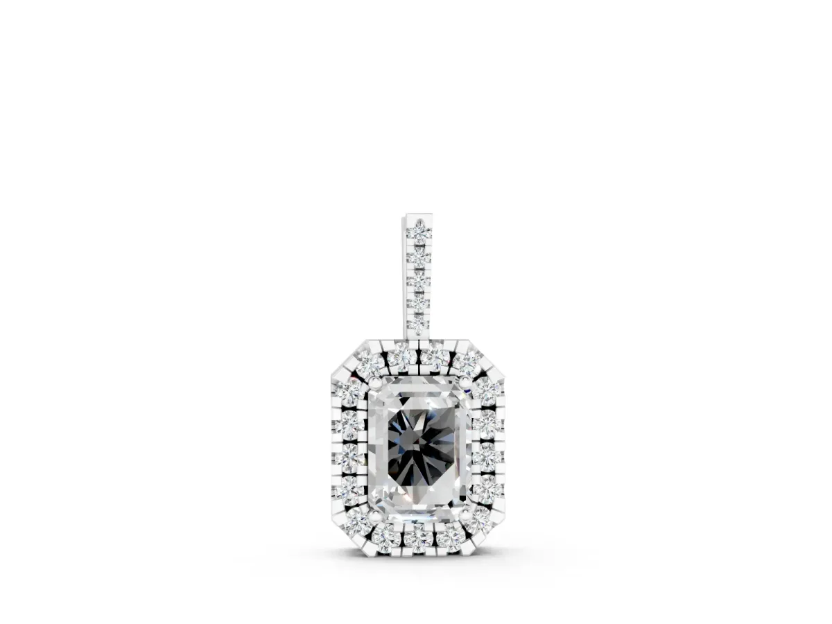 Emerald Cut Diamond Halo Pendant Set in Silver with Round Halo and Prong Setting