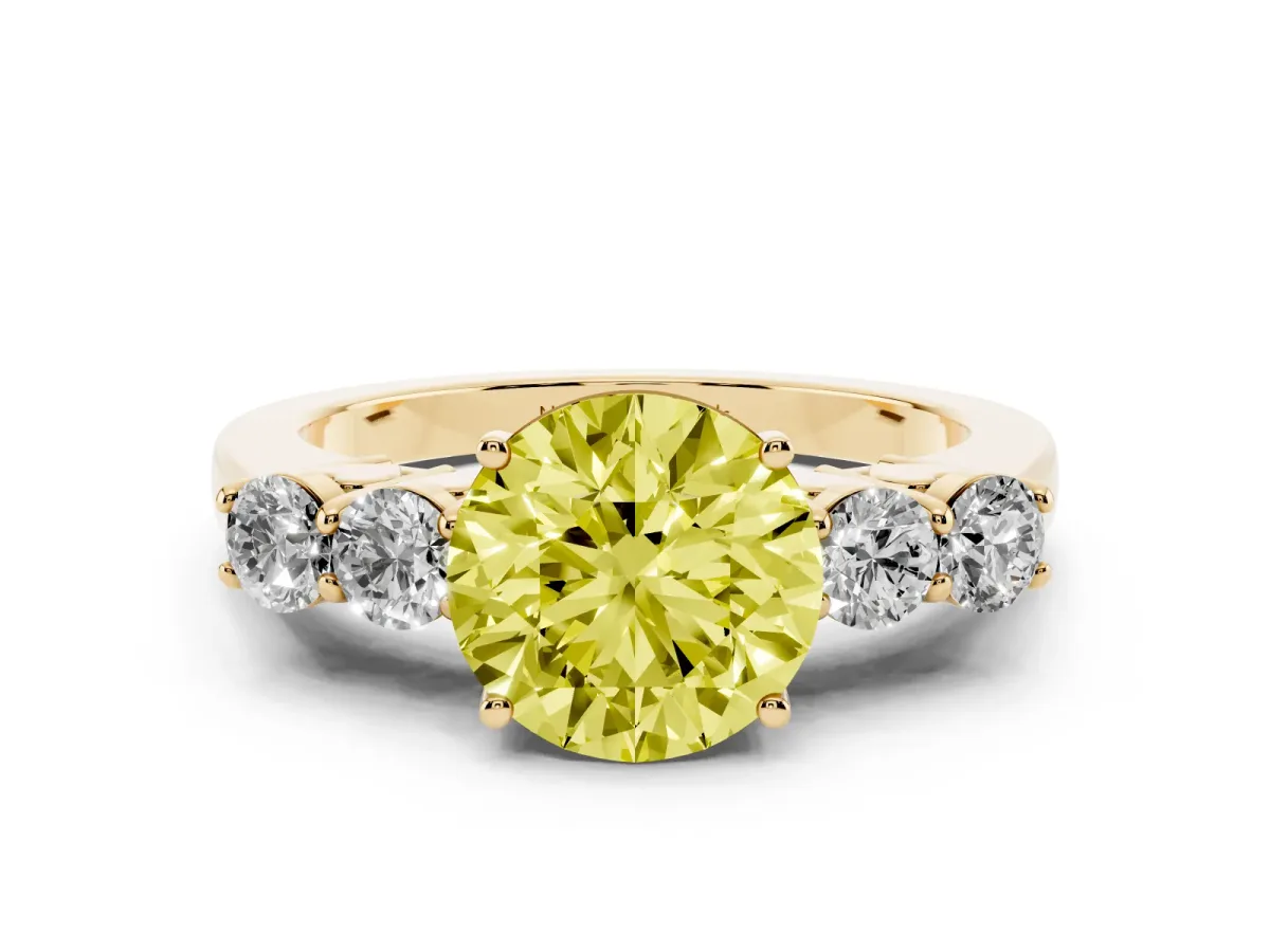 Fancy Yellow Round Cut Diamond Five-Stone Prong Set Band Ring Set in Yellow gold with Polished Band